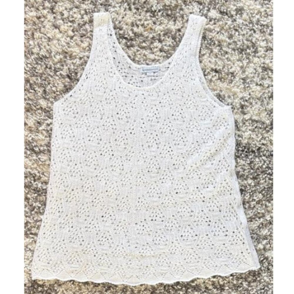 White Open-Knit Crochet Tank Shirt | Winter Layering Pointelle Top - Picture 2 of 6